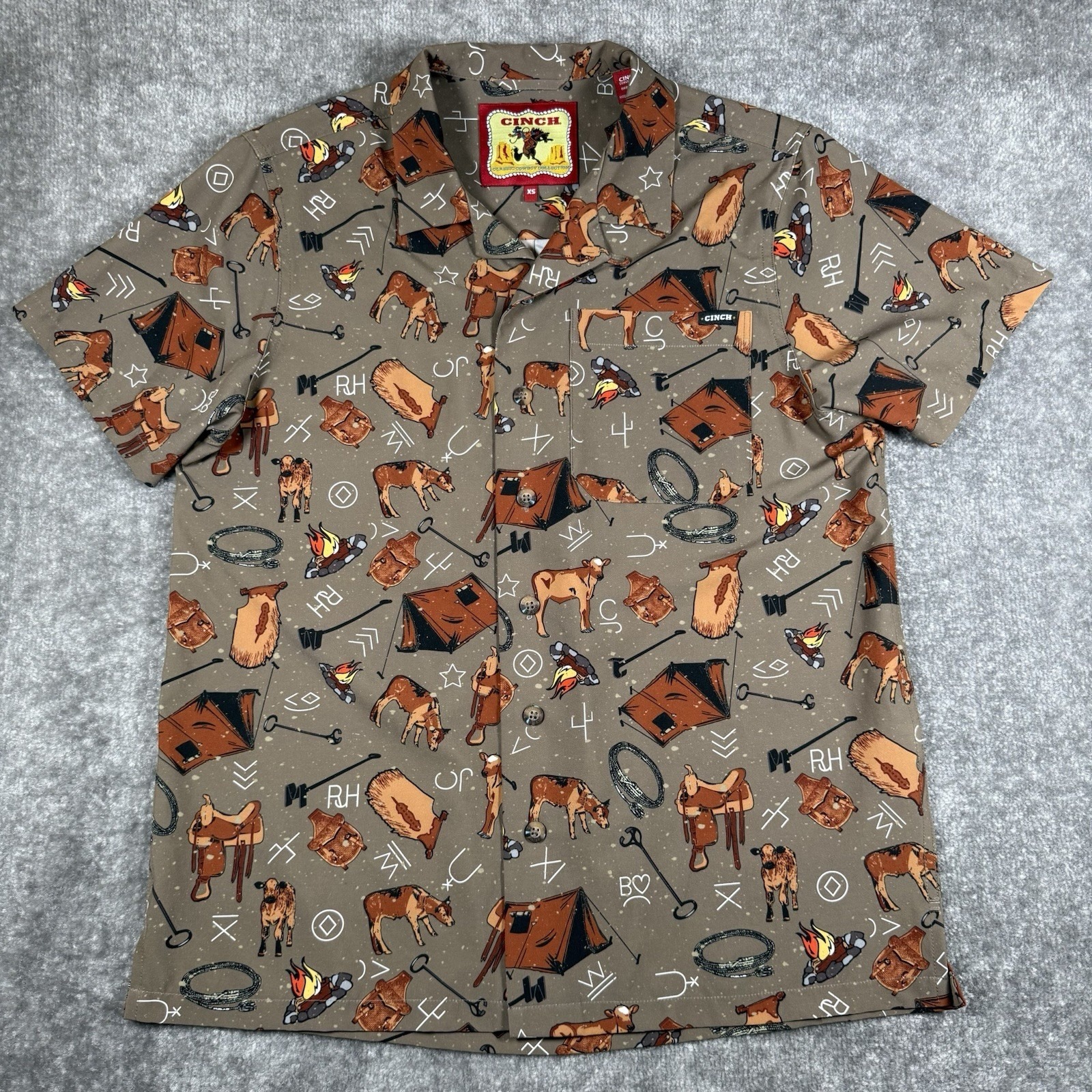 Cinch Shirt Men's Xs Brown Rodeo Camp Western Calves Branding Short Sleeve